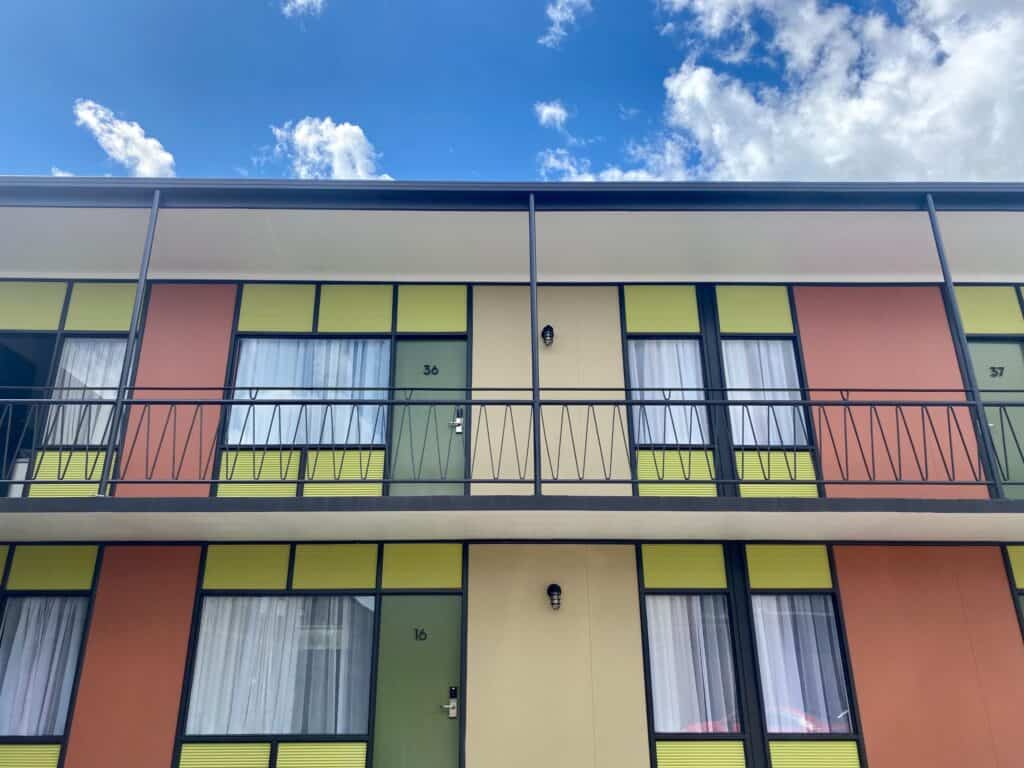Colourful motel exterior balconies